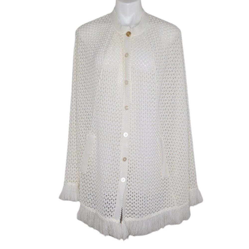 VTG Cream Open Knit Button Up Front Fringe Trim Shawl Poncho